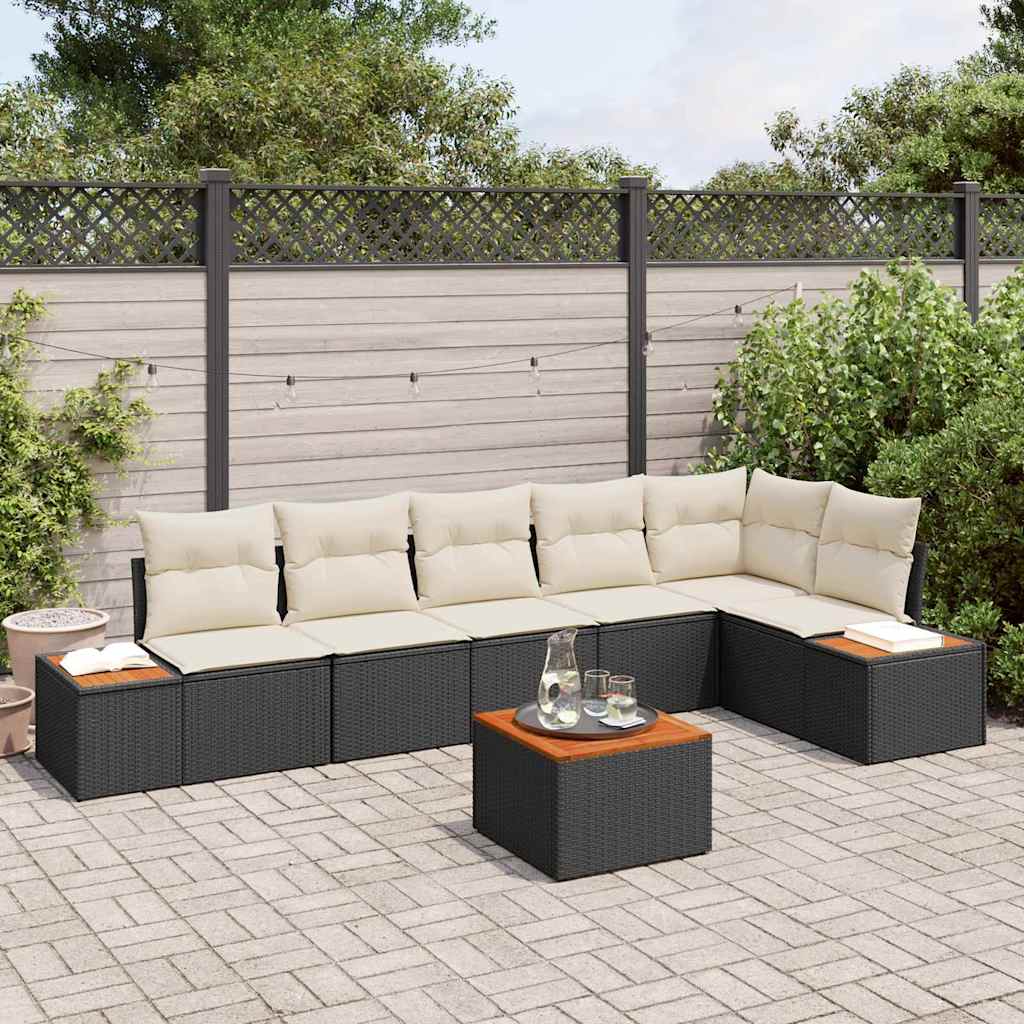 Set da giardino 7 pezzi  con cuscini in polyrattan nero e legno d'acacia 3356767
