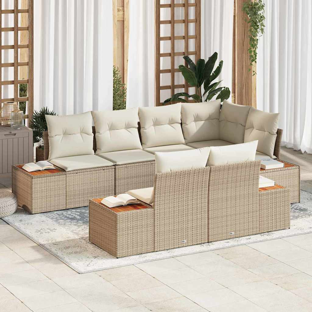 Set di divani da giardino 7 pezzi  con cuscini in rattan sintetico beige e acacia 3356776