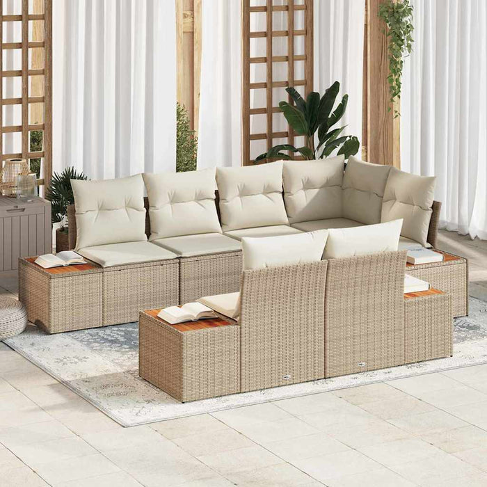 Set di divani da giardino 7 pezzi  con cuscini in rattan sintetico beige e acacia 3356776