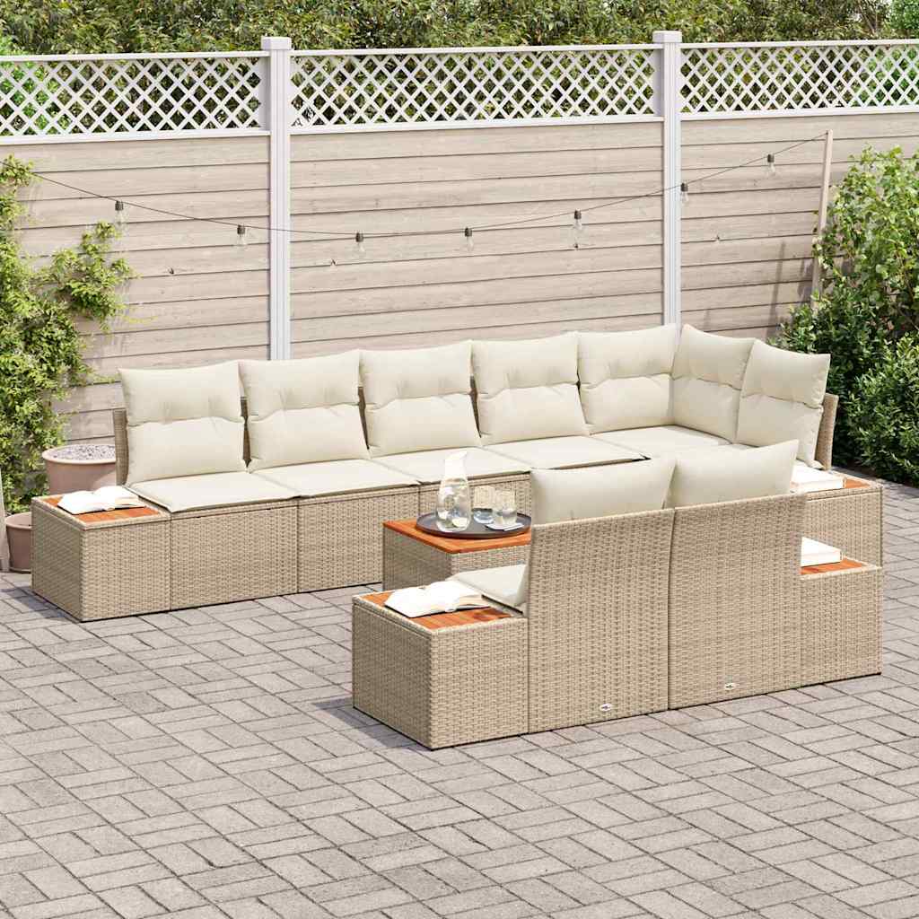 Set di divani da giardino 9 pezzi  con cuscini beige in rattan sintetico e legno di acacia. 3356786