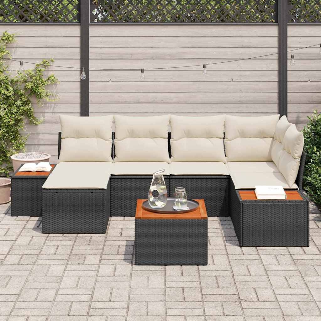 Set Giardino  da 7 Pezzi con Cuscini in Rattan Polietilene Nero e Acacia 3356792