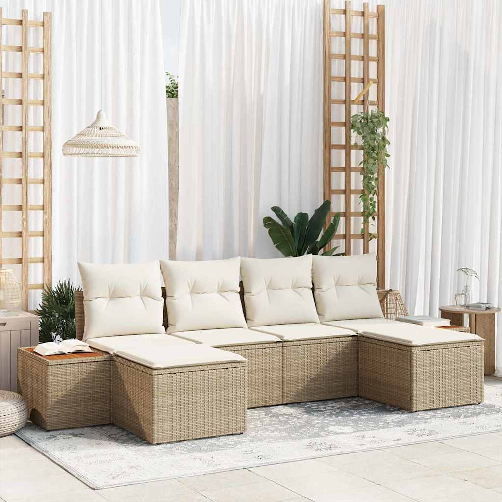 Set di Divani da Giardino a 6 Pezzi con Cuscini Beige in Polyrattan e Acacia 3356811