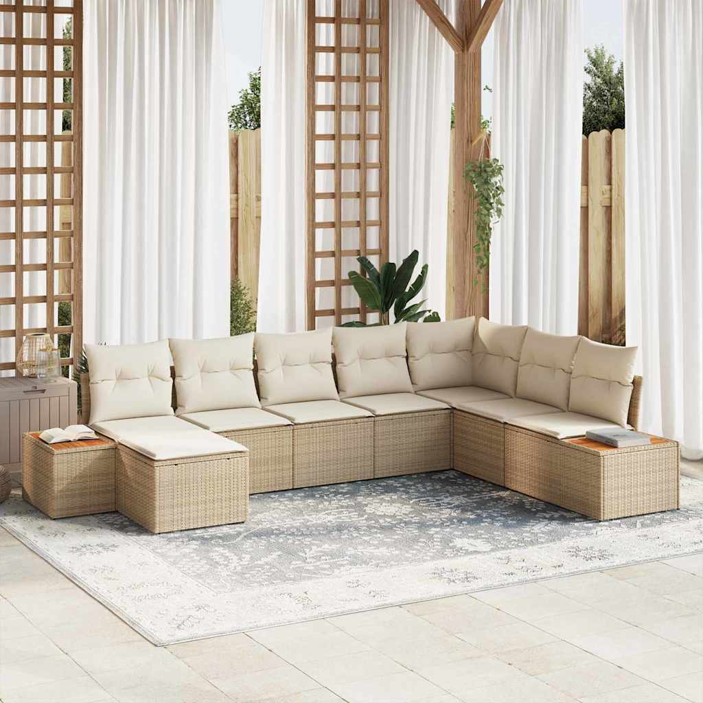 Set di divani da giardino da 8 pezzi con cuscini, rattan beige, acacia 3356816