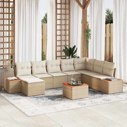 Set di divani da giardino 9 pezzi  con cuscini, rattan sintetico beige e legno di acacia 3356821