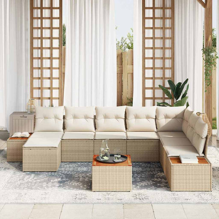 Set di divani da giardino 9 pezzi  con cuscini, rattan sintetico beige e legno di acacia 3356821