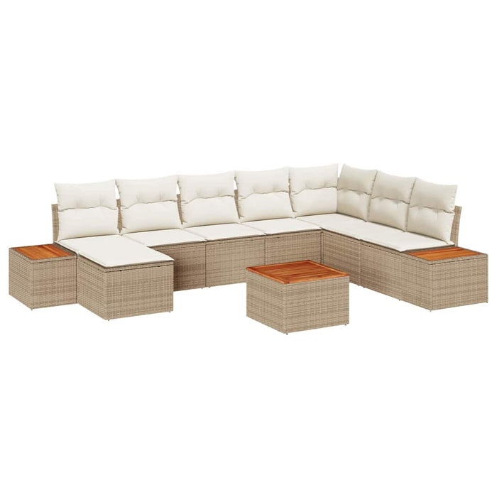 Set di divani da giardino 9 pezzi  con cuscini, rattan sintetico beige e legno di acacia 3356821
