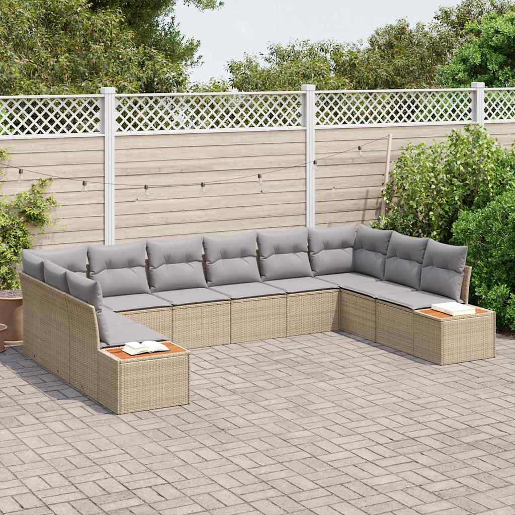 Set da Giardino  a 10 Pezzi con Cuscini Beige Polirattan Acacia 3356845