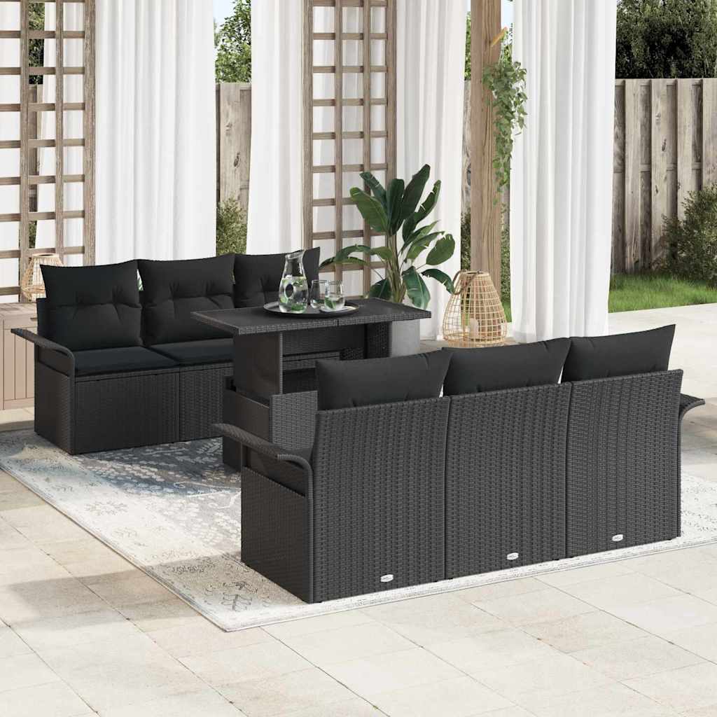 Set Divano da Giardino  7 Pezzi con Cuscini Nero Poly Rattan 3356946