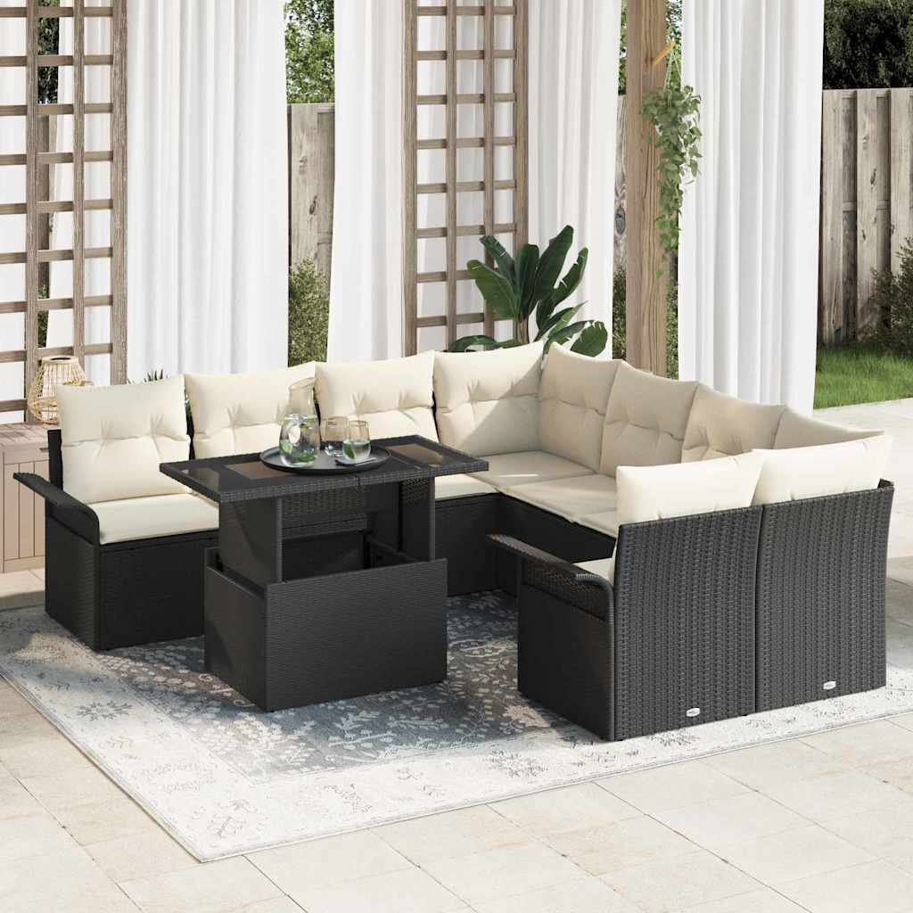 Set giardino 9 pezzi con cuscini - Rattan nero 3356990