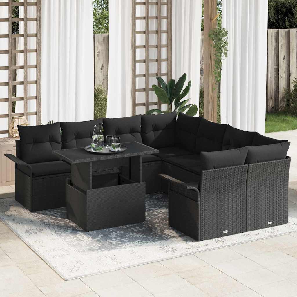 Set di Sofà da Giardino 9 Pezzi con Cuscini Nero Polyrattan 3356996