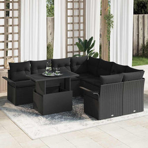 Set di Sofà da Giardino 9 Pezzi con Cuscini Nero Polyrattan 3356996
