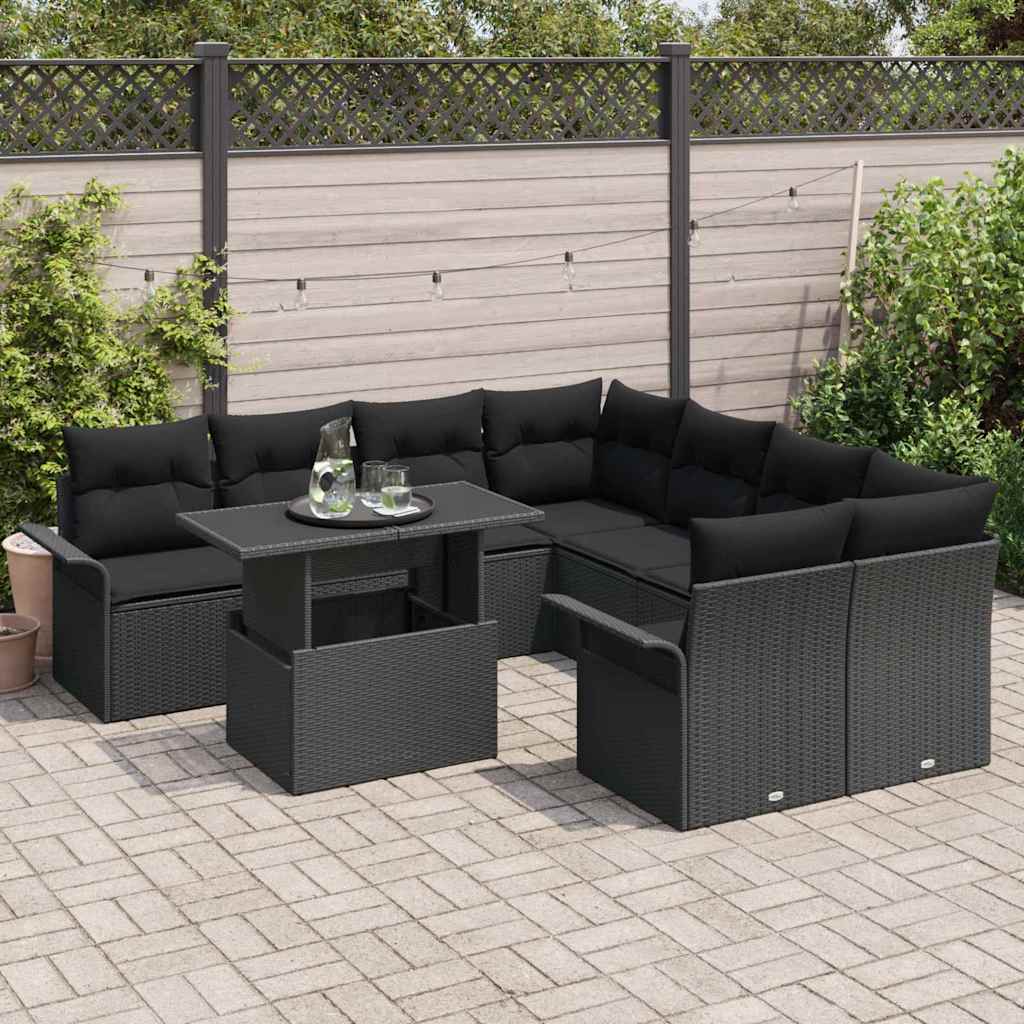 Set di Sofà da Giardino 9 Pezzi con Cuscini Nero Polyrattan 3356996