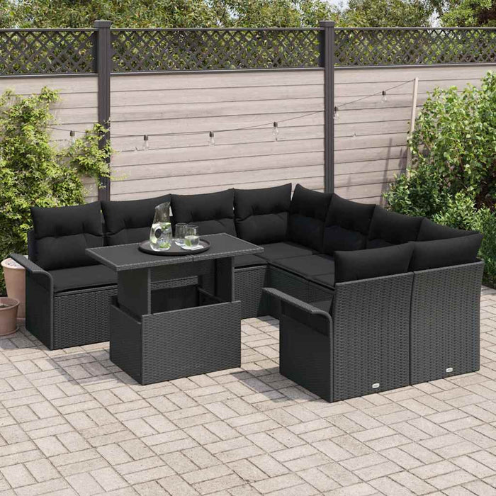 Set di Sofà da Giardino 9 Pezzi con Cuscini Nero Polyrattan 3356996