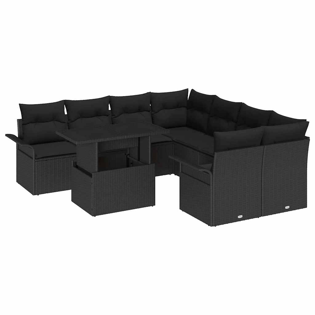 Set di Sofà da Giardino 9 Pezzi con Cuscini Nero Polyrattan 3356996