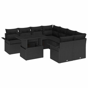 Set di Sofà da Giardino 9 Pezzi con Cuscini Nero Polyrattan 3356996