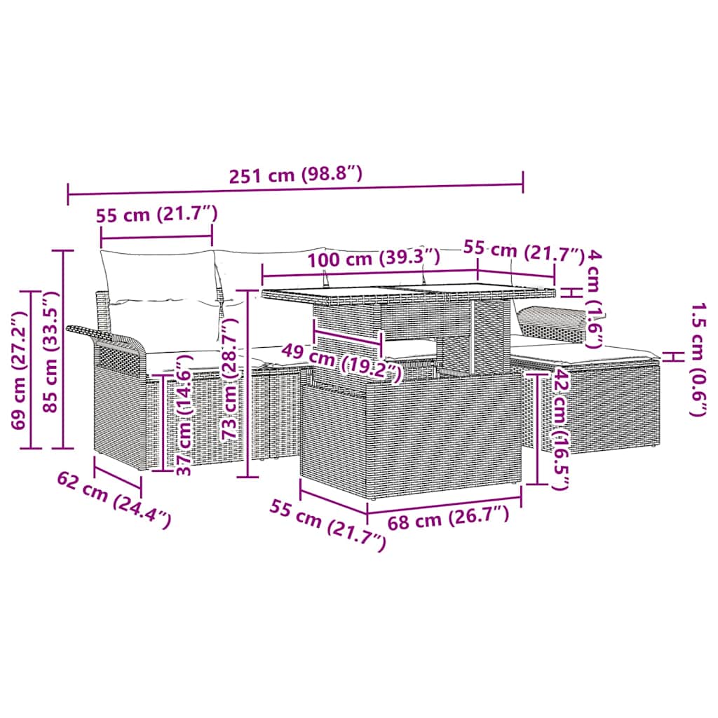 Set Divano da Giardino con cuscino 6 pcs Beige Poly Rattan 3357004