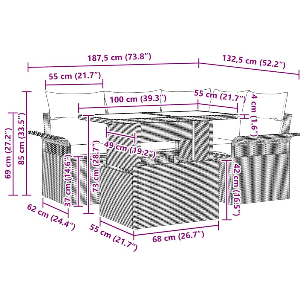 Set Divano da Giardino con cuscino 5 pcs Beige Poly Rattan 3357014