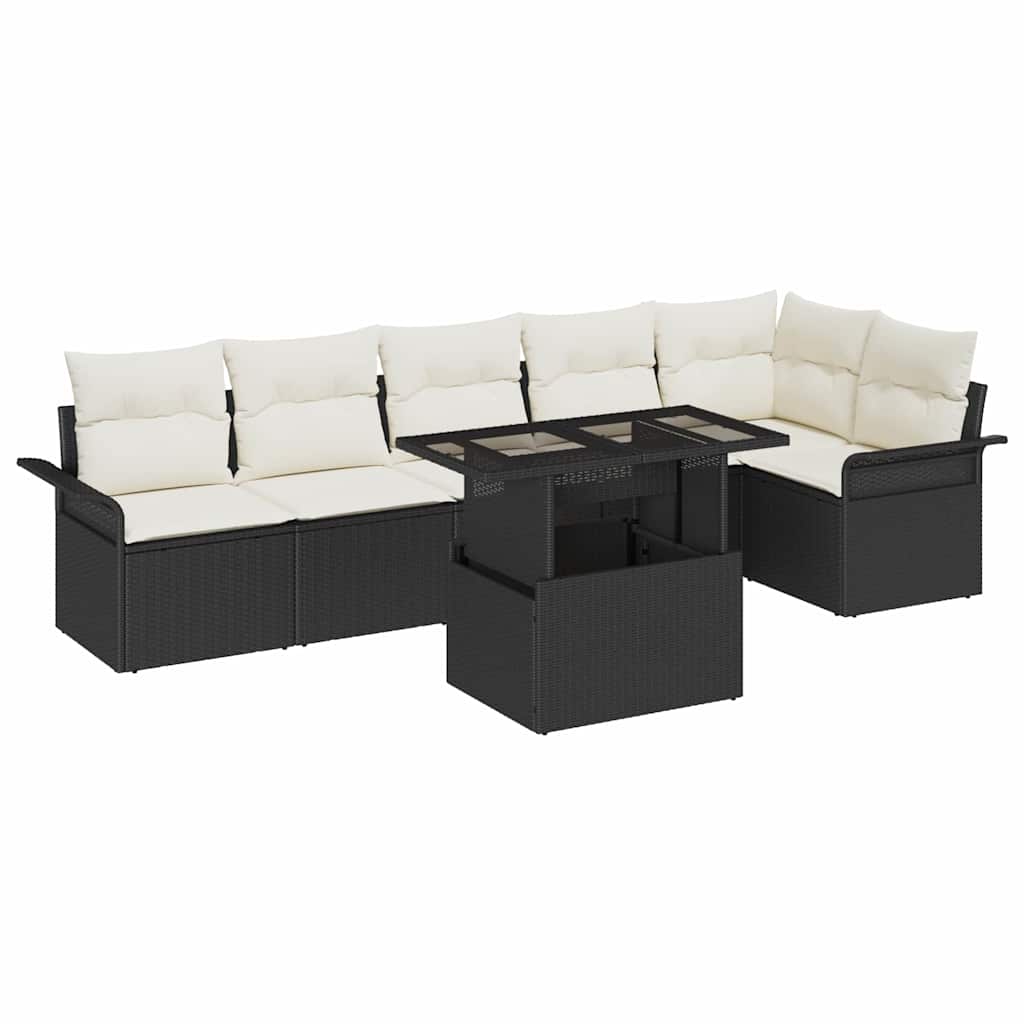 Set di Sofà da Giardino a 7 Pezzi con Cuscini Nero Rattan Policarbonato 3357030