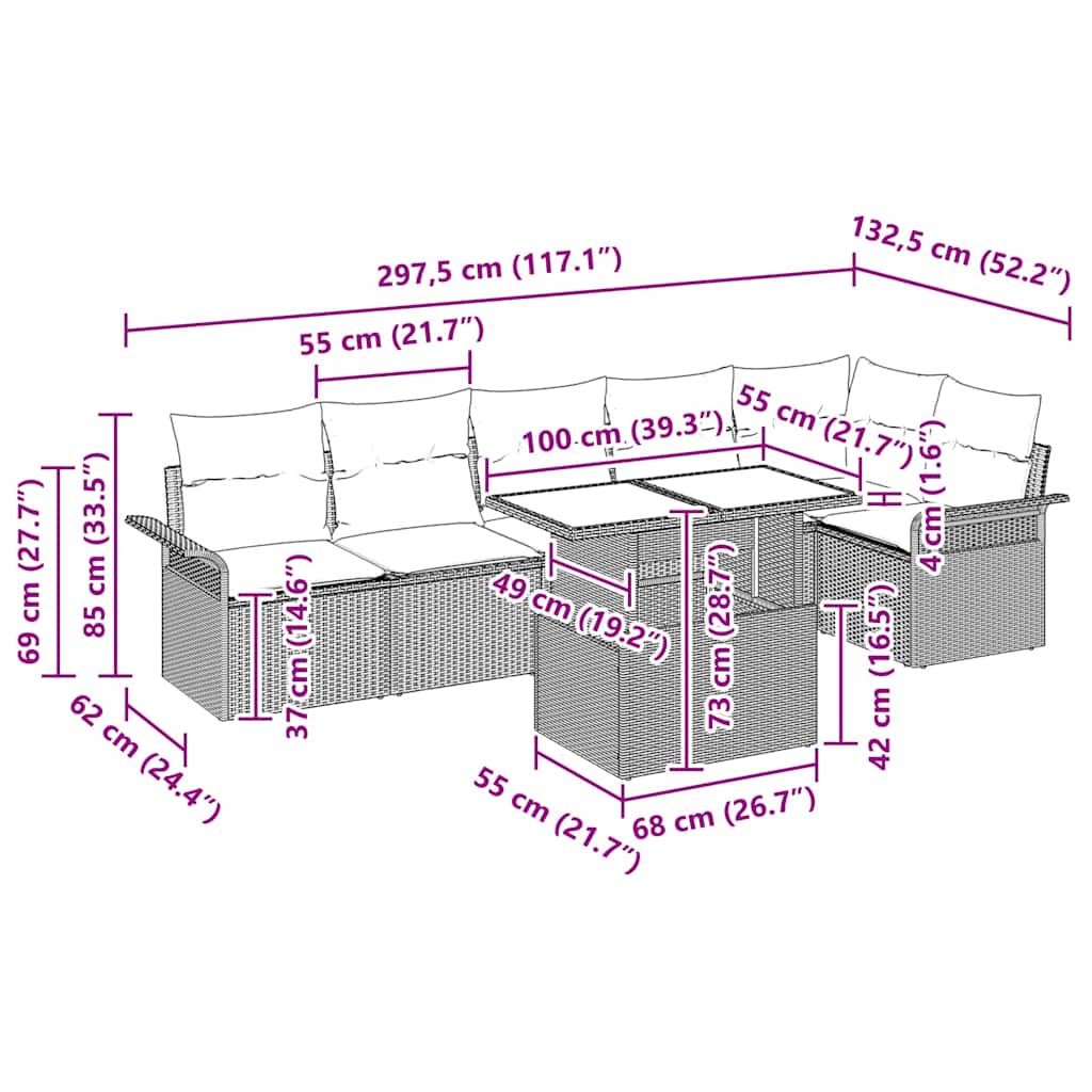 Set di Sofà da Giardino a 7 Pezzi con Cuscini Nero Rattan Policarbonato 3357030