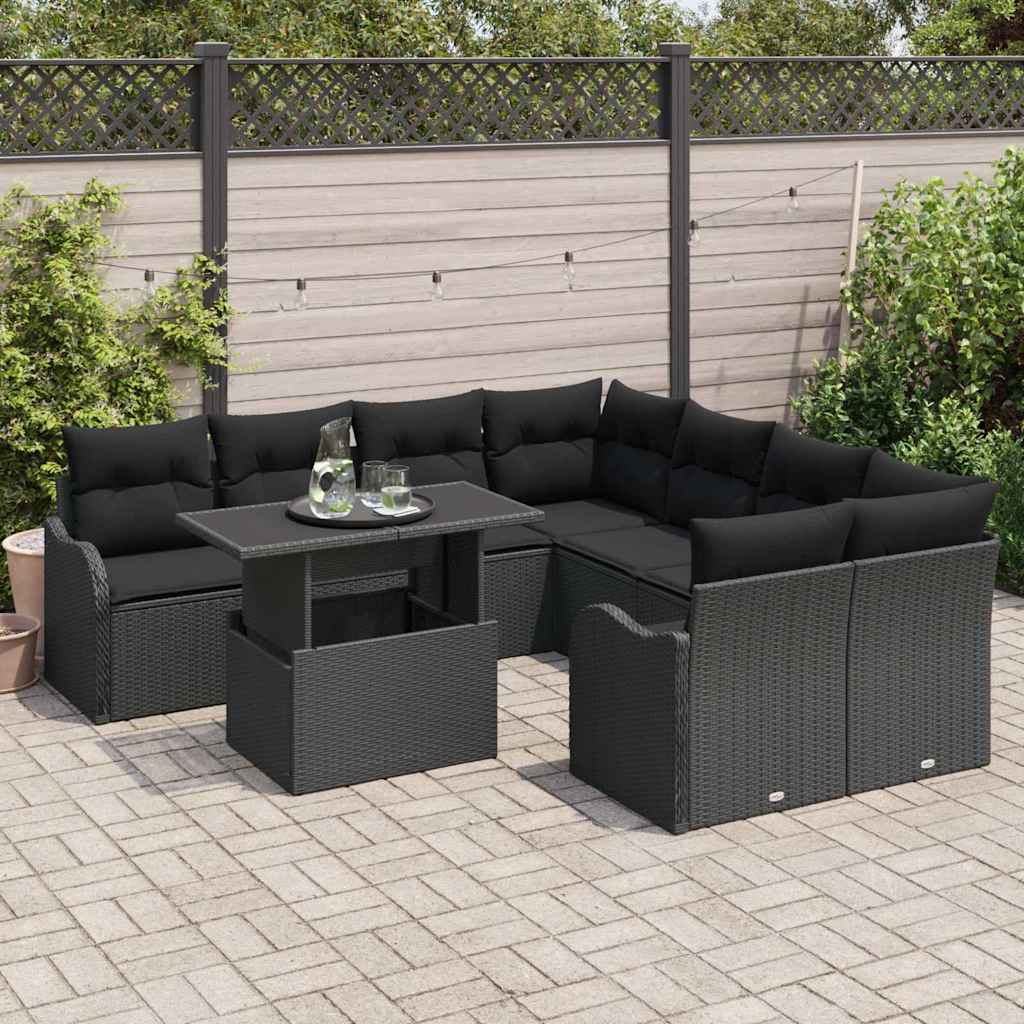 Set Divano da Giardino  9 Pezzi con Cuscini Rattan Polyrattan Nero 3357176
