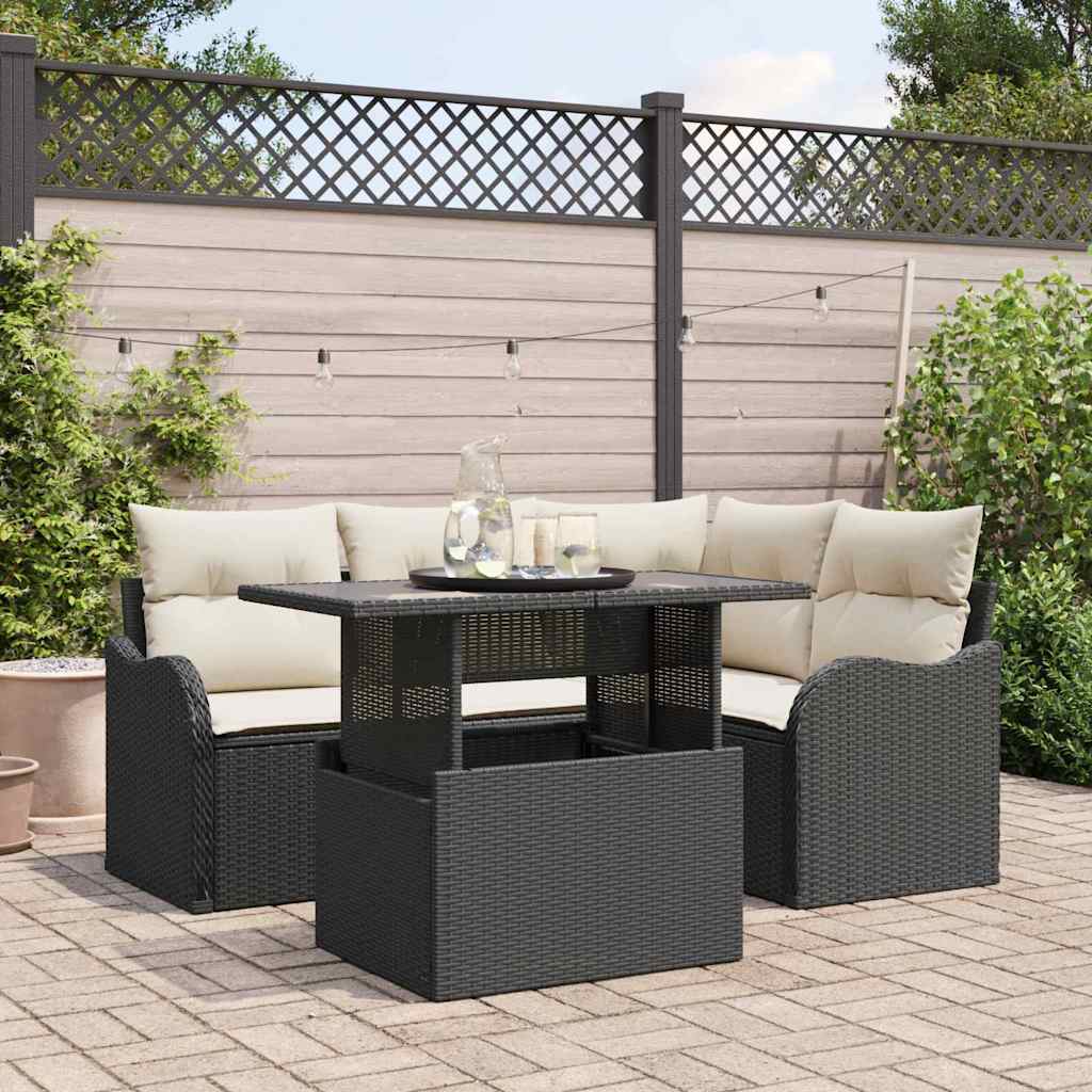 Set di Sofà da Giardino da 5 Pezzi con Cuscini Neri in Polyrattan 3357190