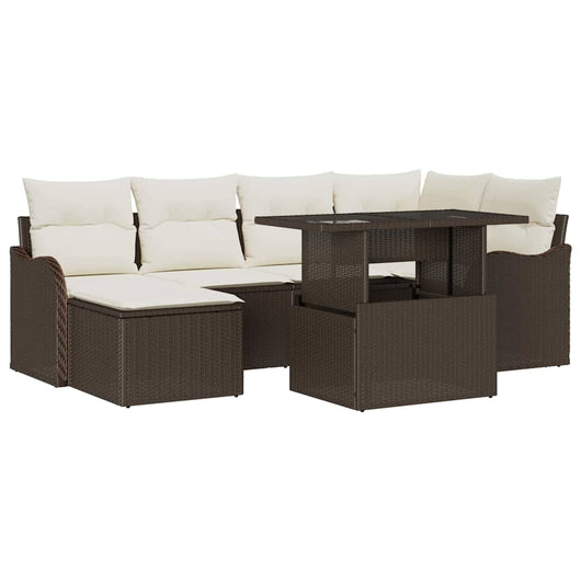 Set Divano da Giardino  7 Pezzi con Cuscini Rattan Poliestere Marrone 3357231
