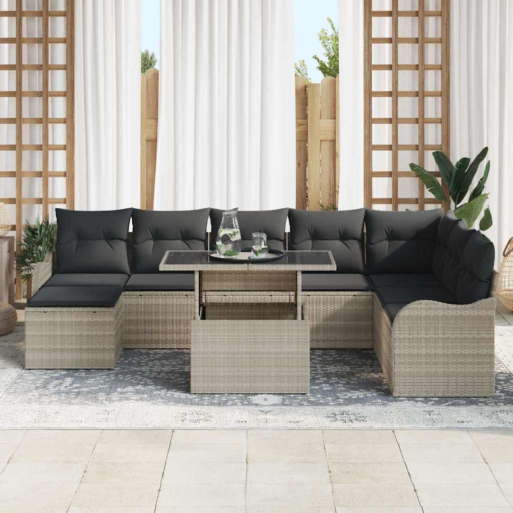 Set Divano da Giardino  9 Pezzi con Cuscini Grigio Chiaro Polyrattan 3357255