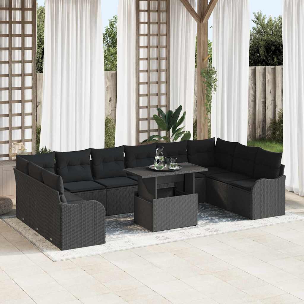 Set Sofà Giardino con Cuscini  11 Pezzi Nero Polyrattan 3357276