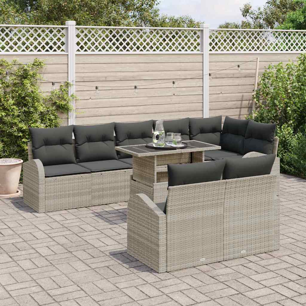 Set Divano Giardino  9 Pezzi con Cuscini Grigio Chiaro Polyrattan 3357405