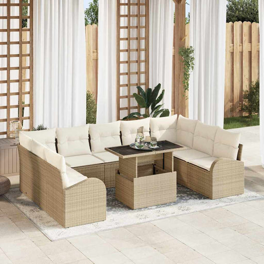 Set Divano da Giardino 10 Pezzi con Cuscini Rattan Poliestere Beige 3357444