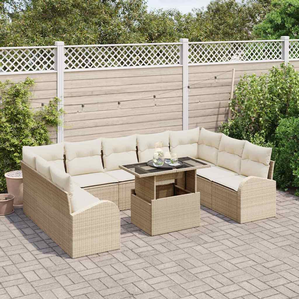 Set Divano da Giardino 10 Pezzi con Cuscini Rattan Poliestere Beige 3357444