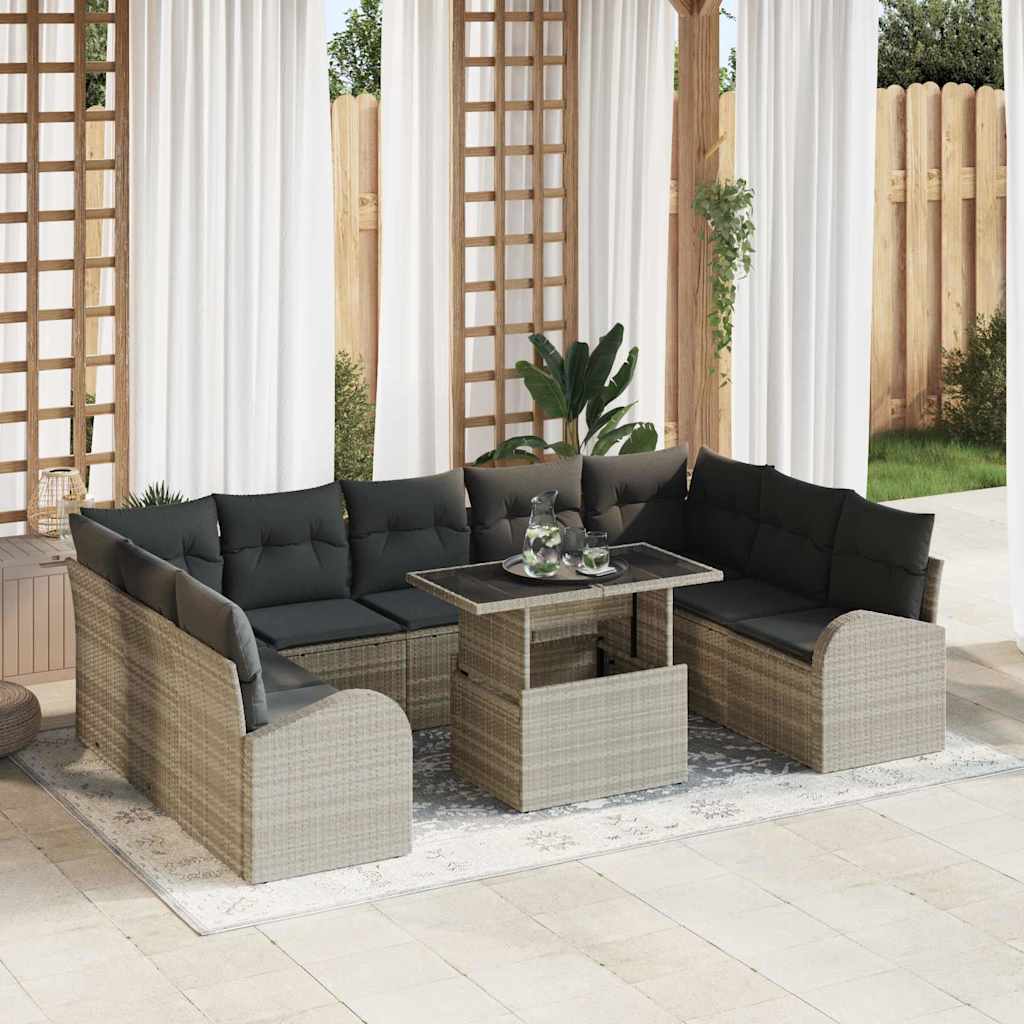 Set di Sofà da Giardino con 10 Pezzi e Cuscini Grigio Chiaro Polirattan 3357445