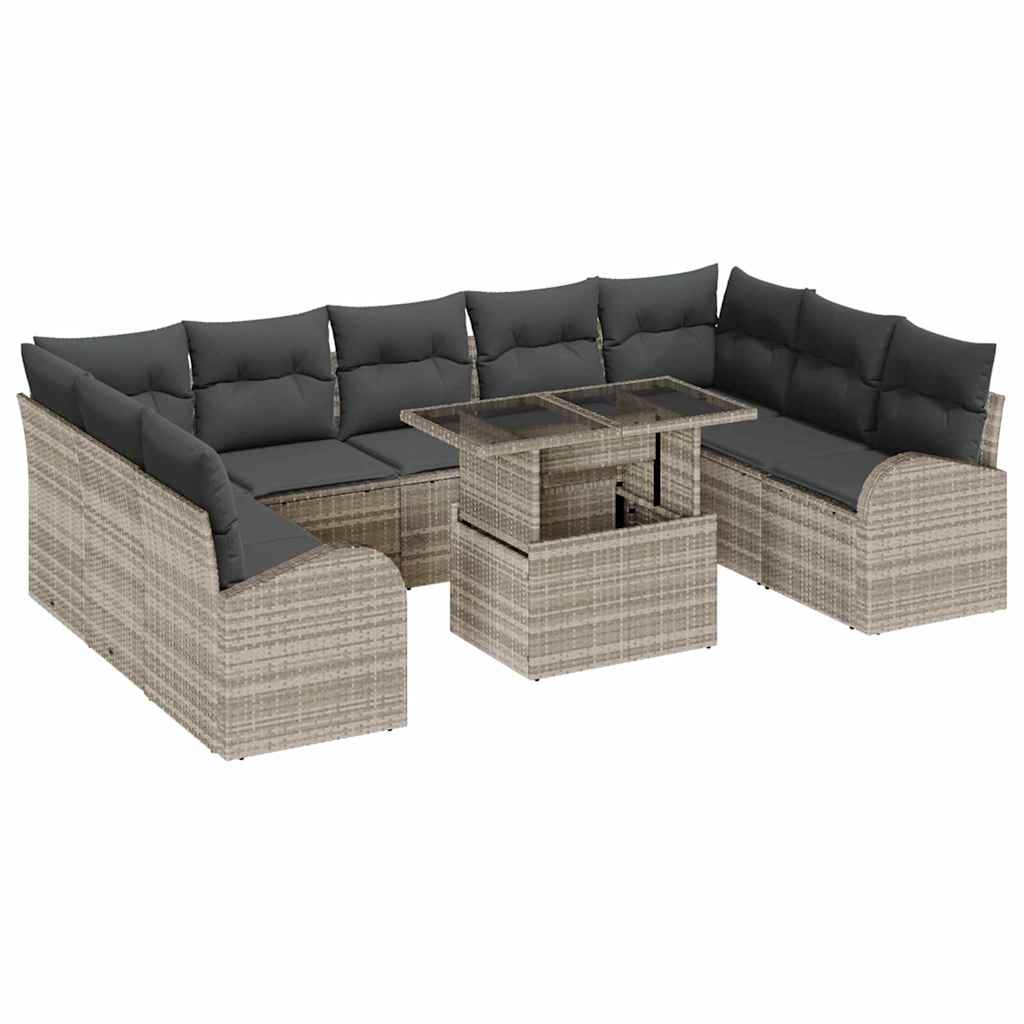 Set di Sofà da Giardino con 10 Pezzi e Cuscini Grigio Chiaro Polirattan 3357445