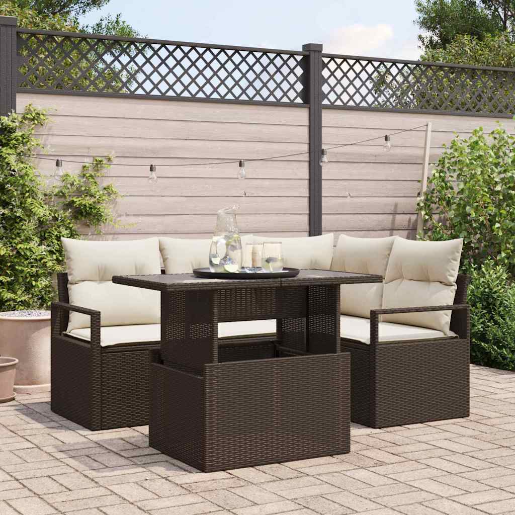 Set Divano da Giardino 5 Pezzi con Cuscini Marrone Poly Rattan 3357551