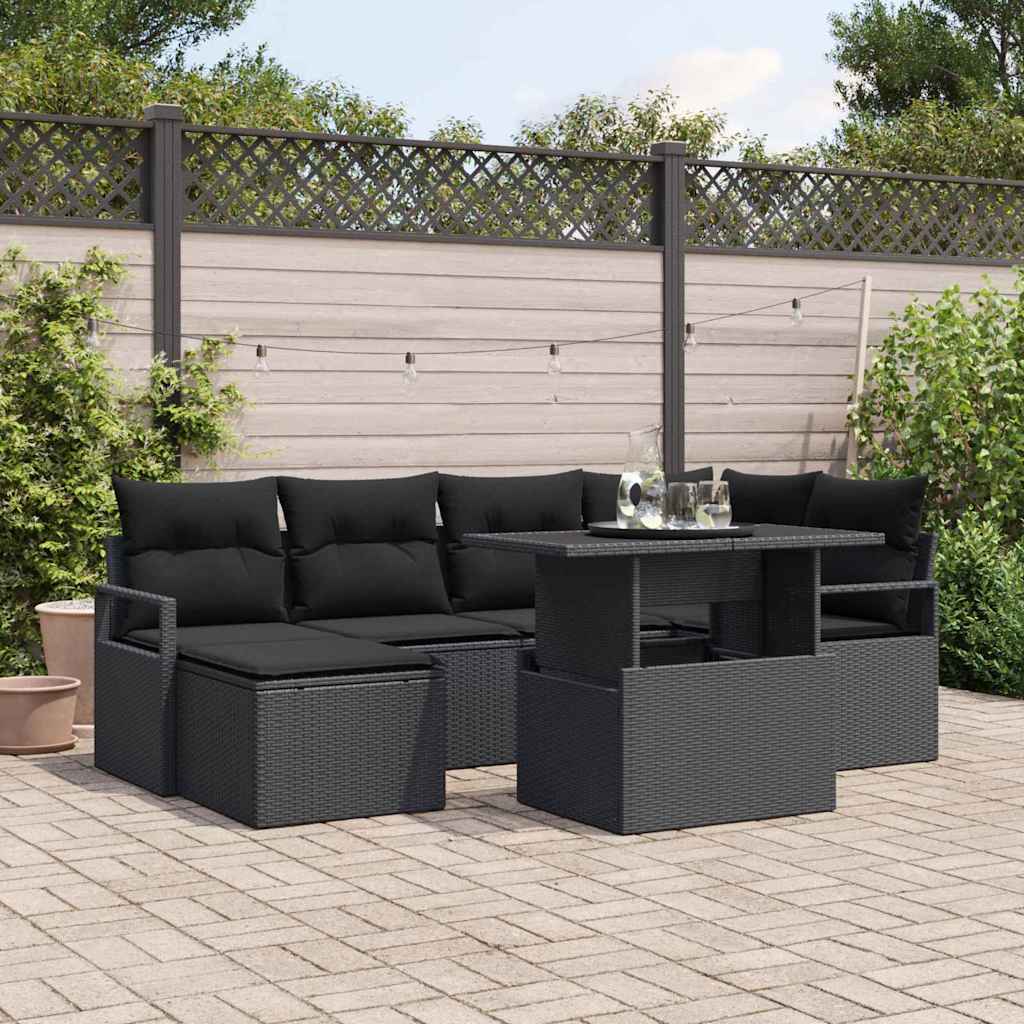 Set Divani Giardino  7 Pezzi con Cuscini Nero Polyrattan 3357596