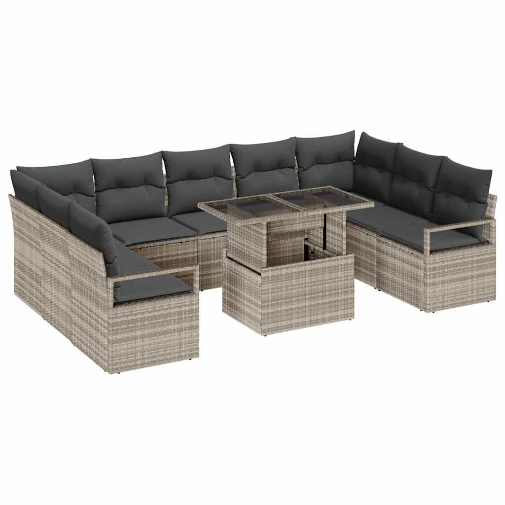 Set da Giardino di 10 Pezzi con Cuscini Grigio Chiaro Polyrattan 3357625