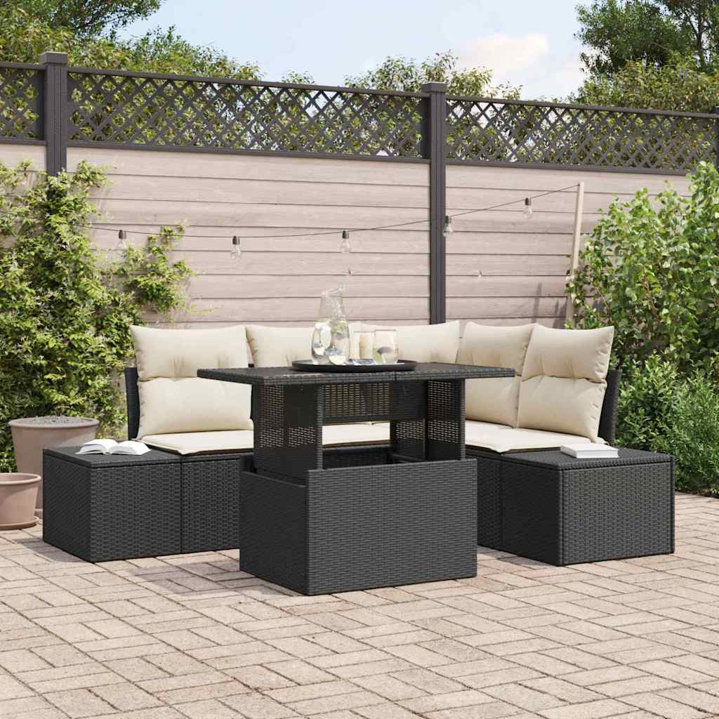 Set di divani da giardino in 5 pezzi con cuscini neri in rattan sintetico 3357910