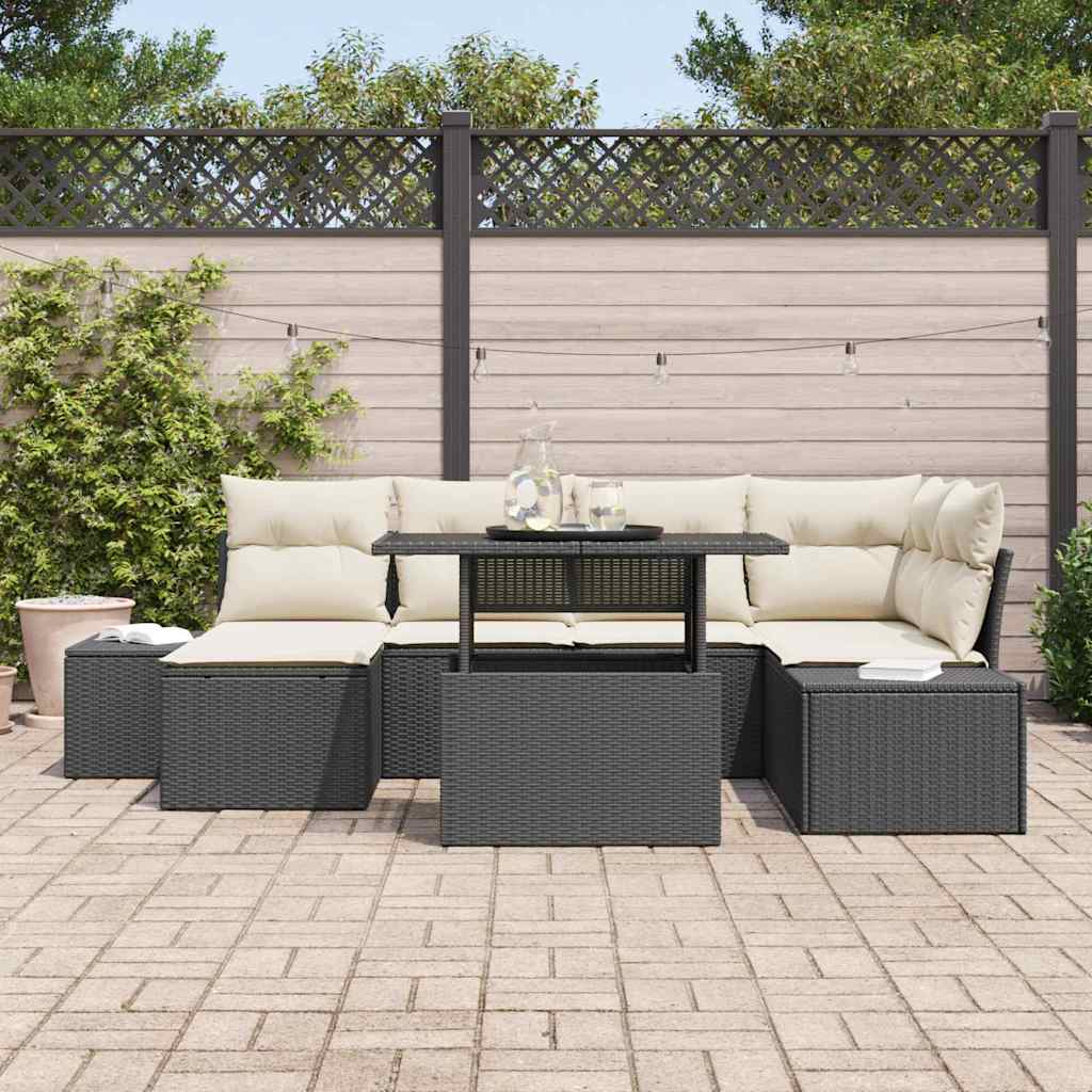 Set di divani da giardino vitaXL con 7 pezzi e cuscini in rattan sintetico nero 3357950