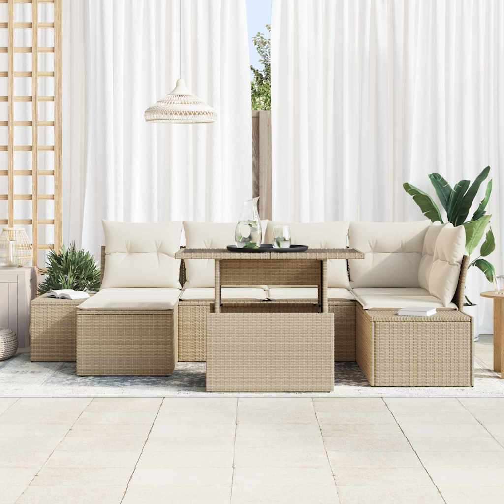 Set Divano da Giardino 7 Pezzi con Cuscini in Rattan Sintetico Beige 3357954