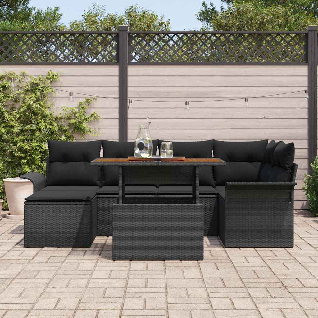 Set di divani da giardino a 7 pezzi con cuscini in polirattan nero 3358095