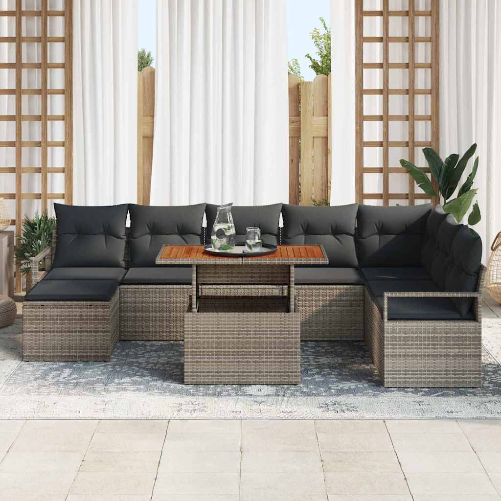 Set di divani da giardino  con cuscini, 9 pezzi, in rattan grigio. 3358484