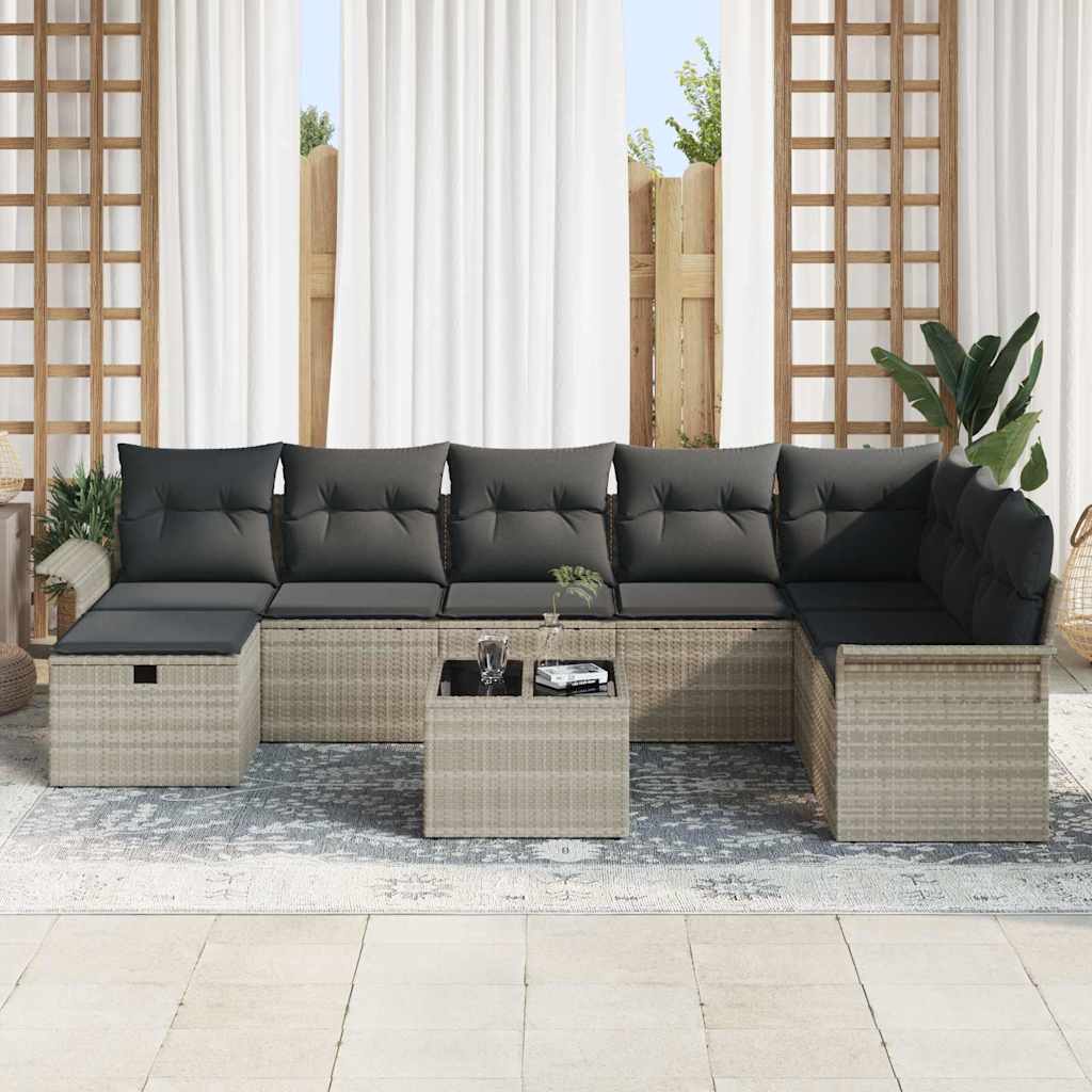 Set Divano da Giardino 9 Pezzi con Cuscini Grigio Chiaro Polyrattan 3358941