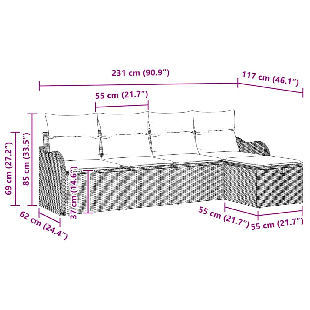 Set Divano da Giardino 5 pz-Sofa da Giardino-Divanetto da esterno Grigio chiaro Poly Rattan 147025