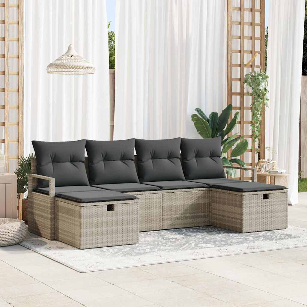 Set Divano da Giardino 6 Pezzi con Cuscini Grigio Chiaro Polyrattan 3359221