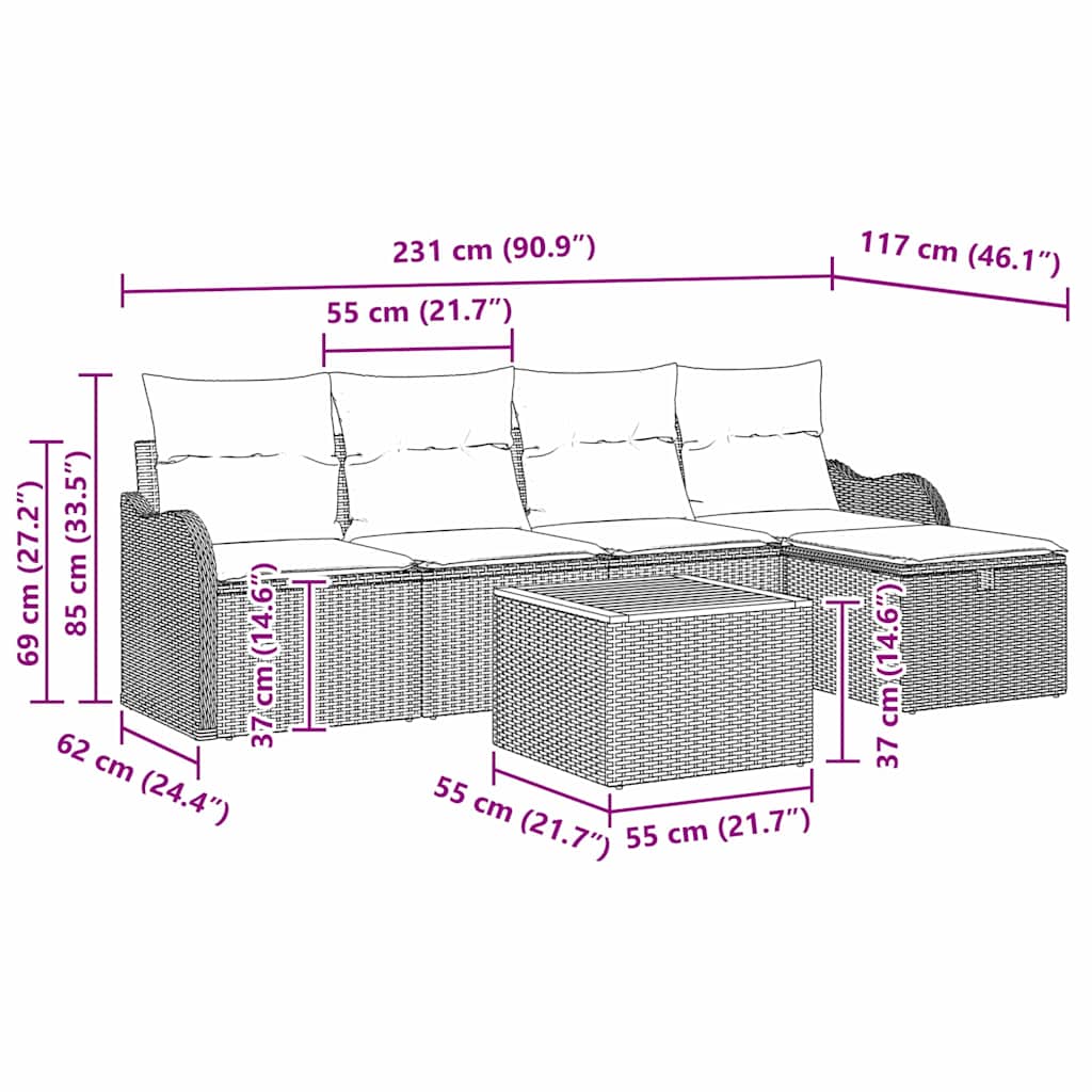 Set di Sofà da Giardino  6 Pezzi con Cuscini Nero Polyrattan 3359474
