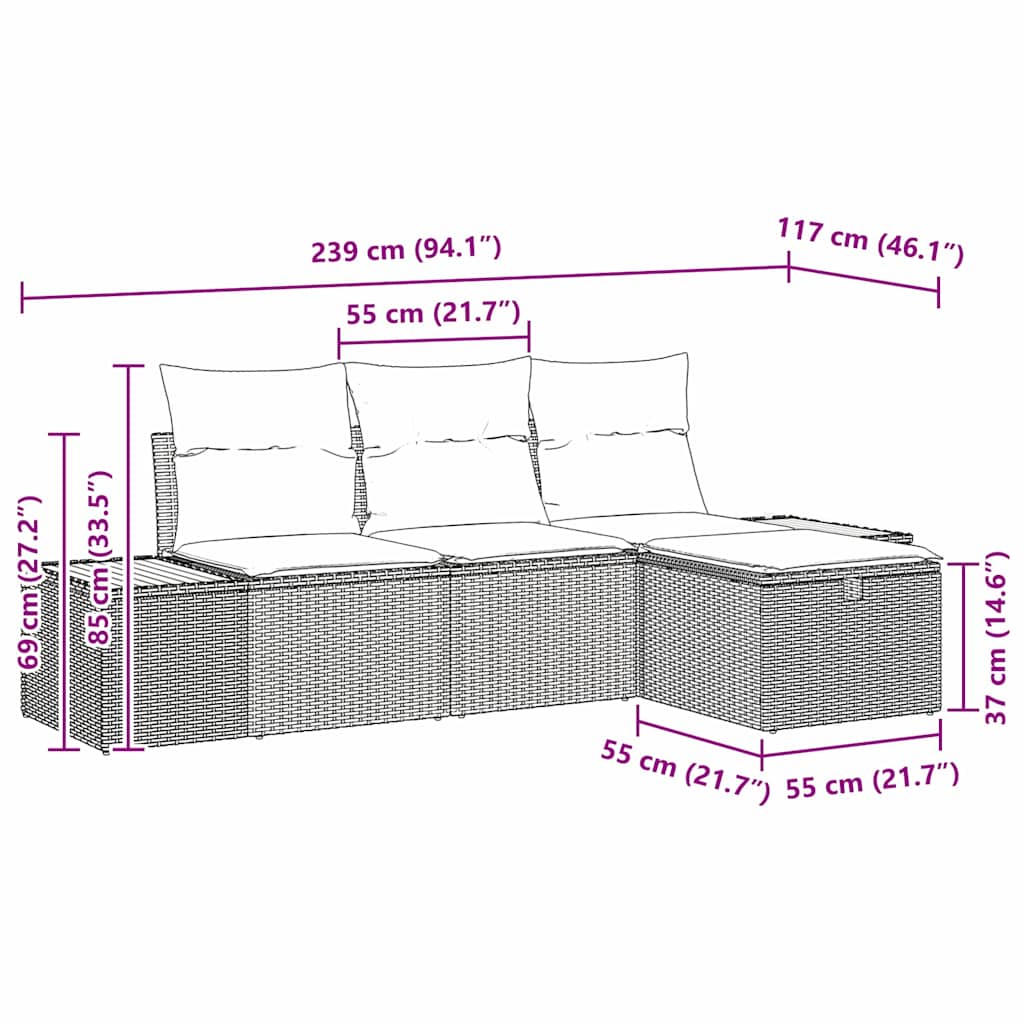 Set Divano da Giardino con cuscino 4 pz-Sofa da Giardino-Divanetto da esterno Nero Poly Rattan 117624