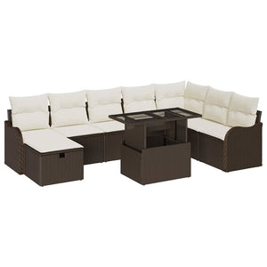 Set di divani da giardino a 9 pezzi con cuscini Marrone Polirattan 3359735