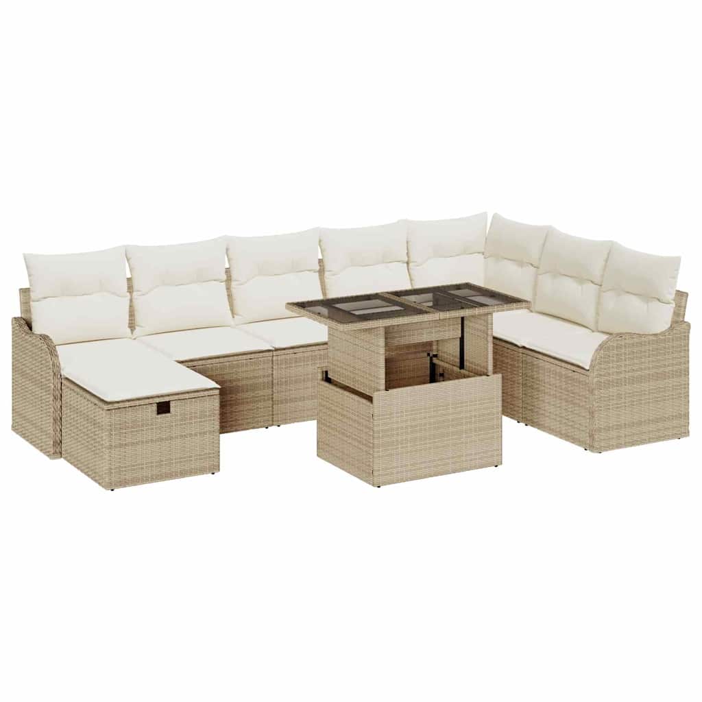 Set Divano da Giardino da 9 Pezzi con Cuscini Beige Rattan Polietilene 3359738