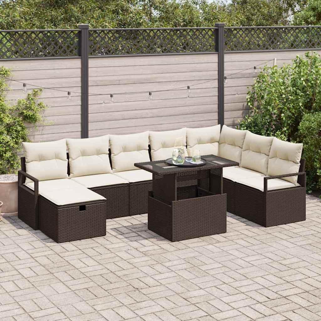 Set Divano da Giardino 9 Pezzi con Cuscini Marrone Polyrattan 3359815