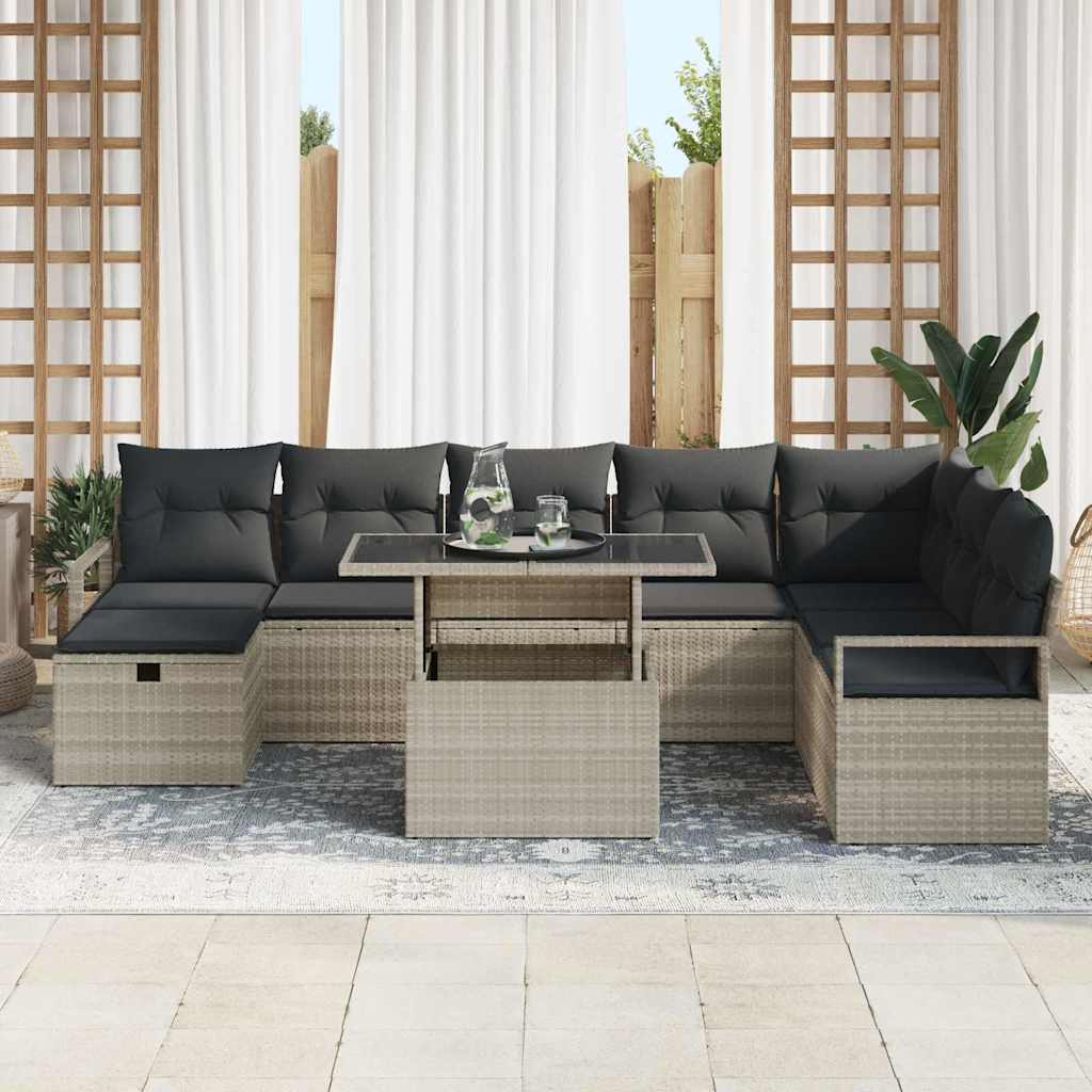 Set Divano Giardino a 9 Pezzi con Cuscini Grigio Chiaro Polyrattan 3359819